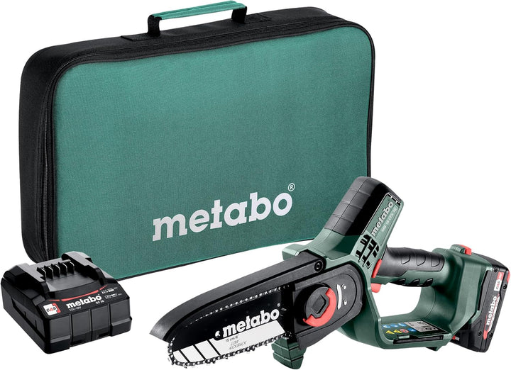 Metabo Akku Gehölzsäge (Holzsäge mit Akku/Ladegerät, kleine Kettensäge 15 cm, in Werkzeugtasche, Gar