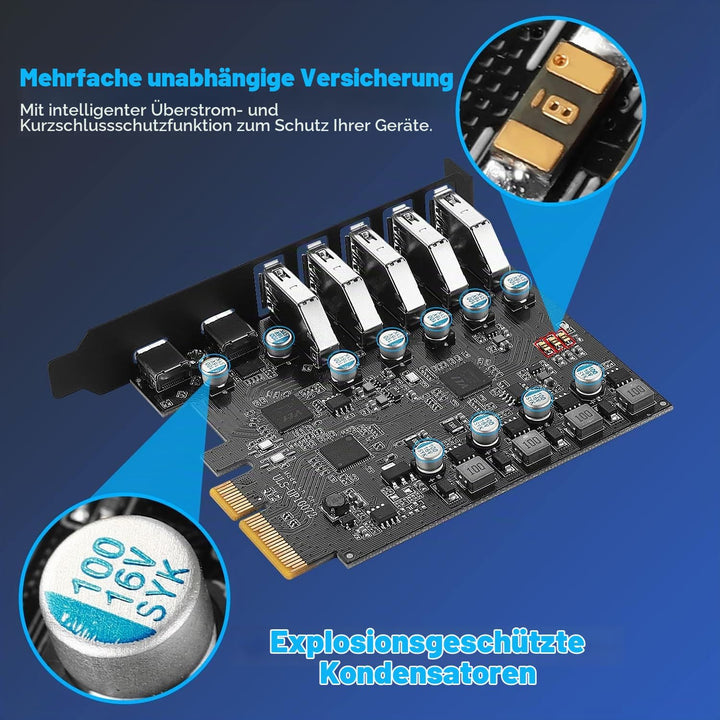 Pcie USB 3.2/3.1 Gen 2 Karte 7 Ports (2X USB C - 5X USB A), USB Expansion Karte mit 10 Gbps Internal