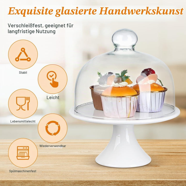 Cabilock Keramik Kuchenplatte Tortenplatte Glasglocke Teller Kuchenteller Kuchenständer Haube mit Fu