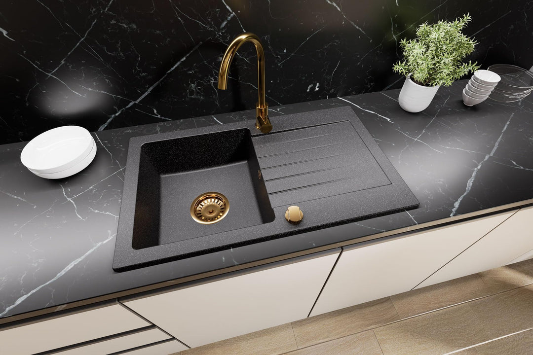 Granitspüle 76x44 Küchenspüle Gold Granit Spülbecken f. Unterschränke ab 45 cm inkl.Siphon Set (Mit