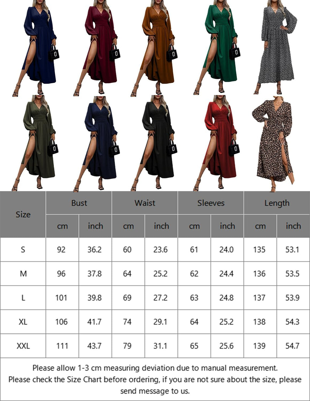 Damen Kleid 2.0 Elegant Langarm V-Ausschnit Tunika Maxikleider Casual Hohe Taille Saumschlitz Cockta