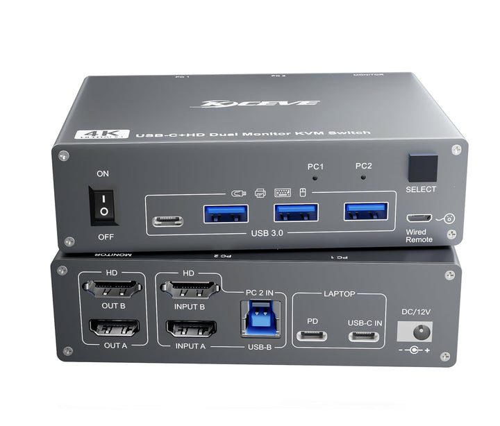 4K@60Hz USBC HDMI KVM Switch 2 PC 2 Monitore für 1 Laptop und 1 Desktop, Dual Monitor KVM Switch mit