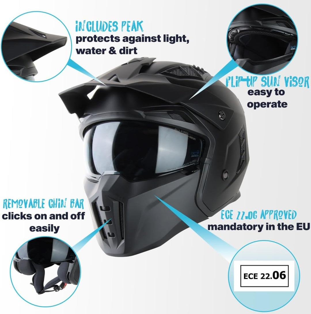 VINZ Kioto Jethelm / Streetfighter Helm | ECE 22.06 zugelassen | Rollerhelm mit Sonnenvisier / Sonne