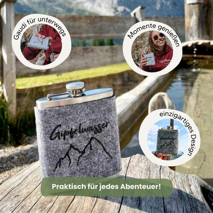 Gipfelgaudi Flachmann mit Filzüberzug & Lasergravur – 200 ml Edelstahl Taschenflasche | Stilvoller B