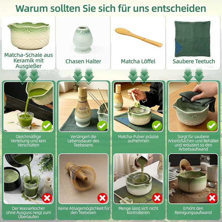 Matcha Set Komplett mit Schale, Bambusbesen, Sieb & Zubehör – Japanisches Matcha Geschenkset für Ein