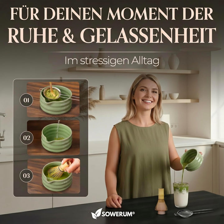 Matcha Set 5-teilig – Matcha Zeremonie Set mit Schale, Bambusbesen, Halter, Sieb & Löffel – Japanisc