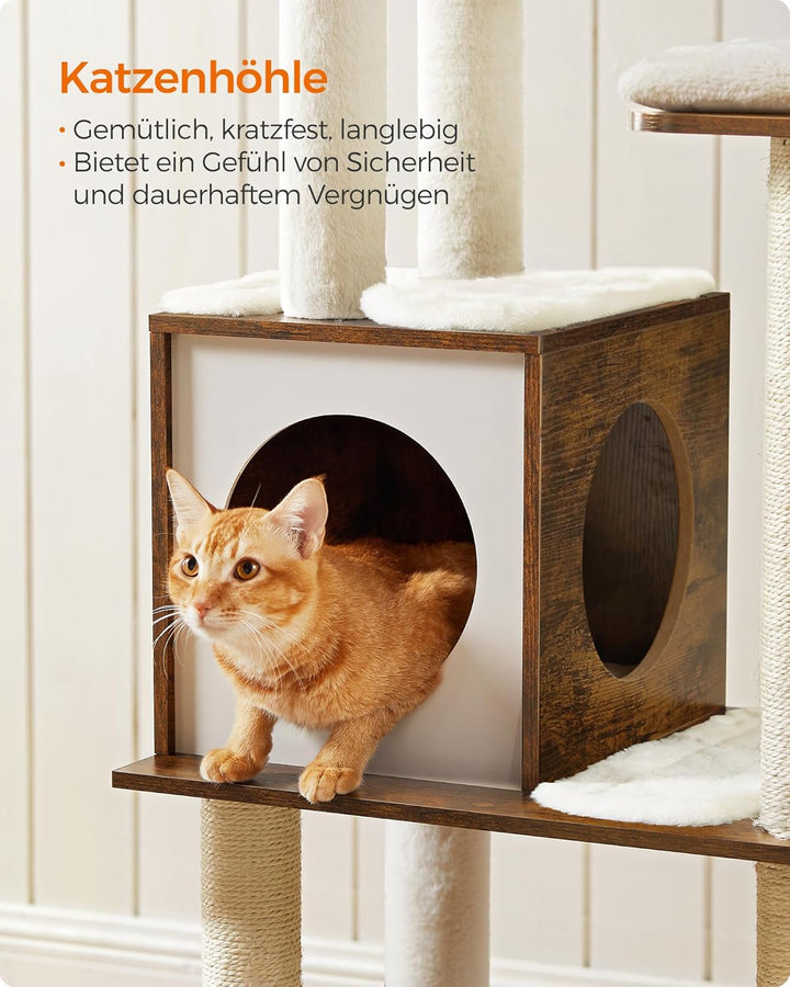 Feandrea Kratzbaum, 165 cm hoher moderner Katzenbaum, Katzenhaus mit 5 Kratzsäulen, waschbare abnehm