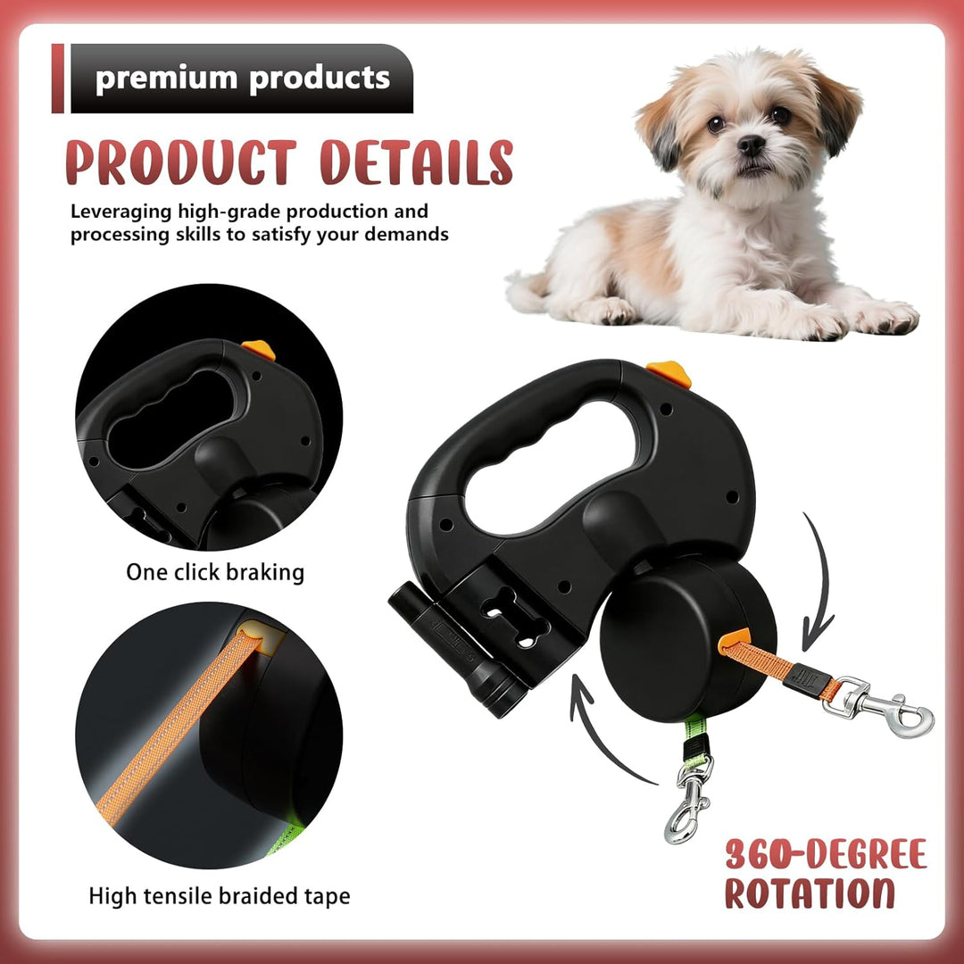Einziehbare Hundeleine für 2 Hunde, 3m Doppelleine für 2 Hunde mit Licht, Anti Rutsch Griff, auszieh
