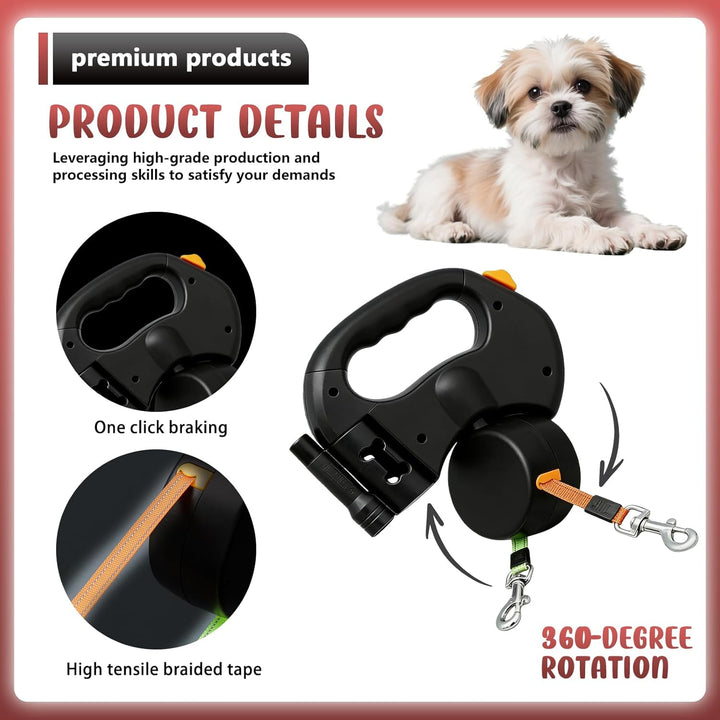 Einziehbare Hundeleine für 2 Hunde, 3m Doppelleine für 2 Hunde mit Licht, Anti Rutsch Griff, auszieh
