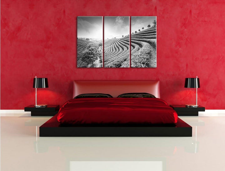 Pixxprint Japanische Treppenfelder Kunst B&W als Leinwandbild | Grösse: 3 Teilig (120x80) | Wandbild