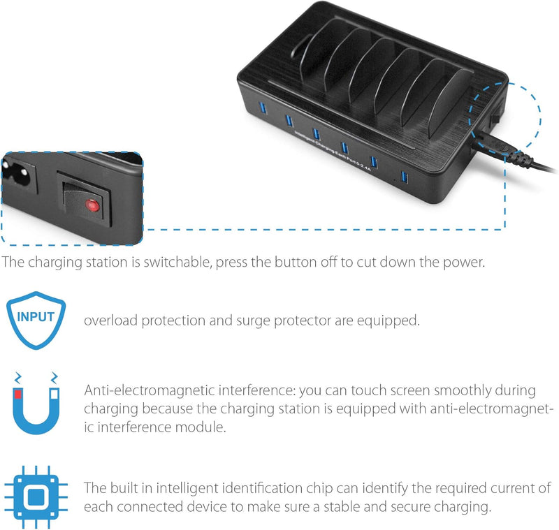 TechDot Handy USB Ladestation Ladestation Mehrere Geräte 6 Port USB Multi Ladestation für Handys Sma