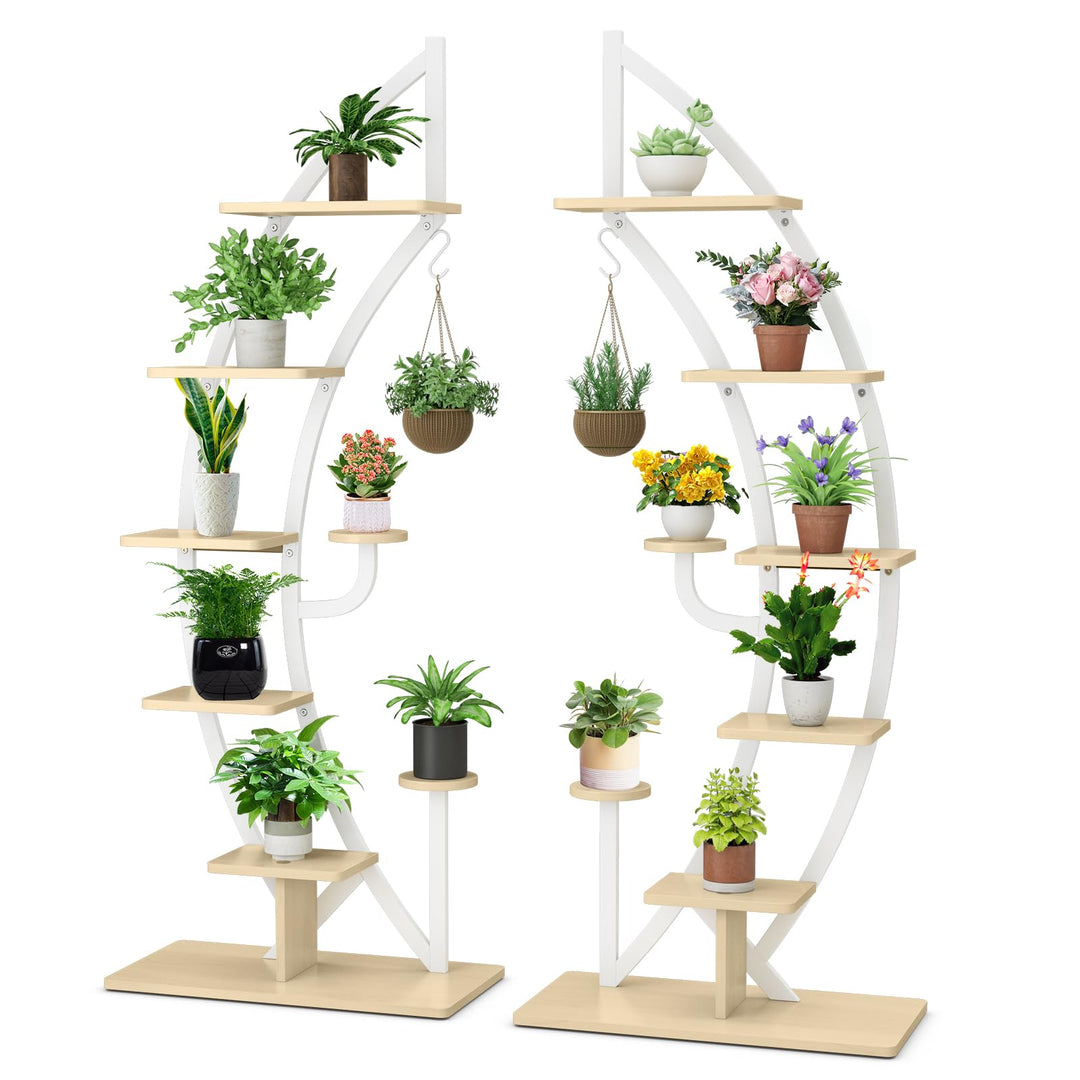 GOPLUS 6-stöckiger Blumenständer Metall, halbmondförmiger Pflanzenständer mit Ablagen &amp; Haken, Pflan