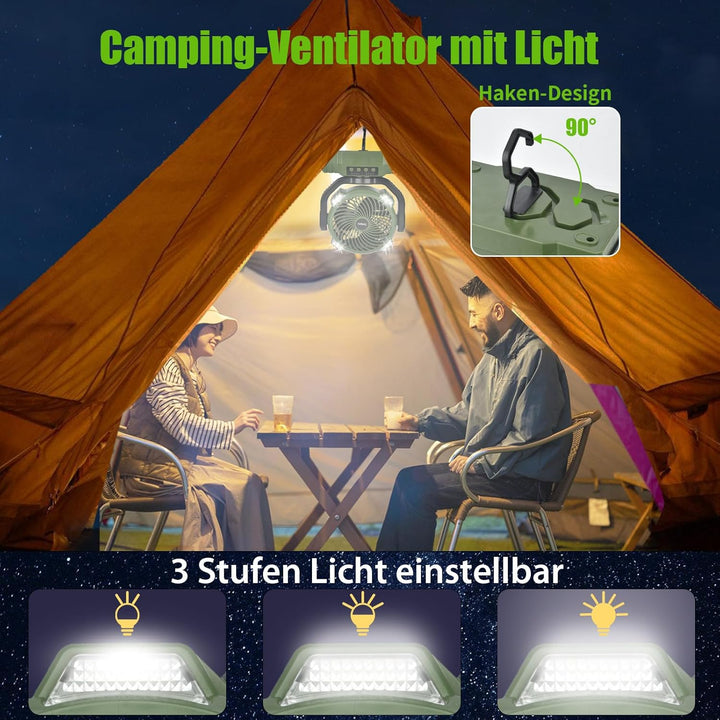 Camping Ventilator mit Akku 10000mAh, Tragbarer Ventilator Leise mit LED-Licht, 270° Rotieren Tischv