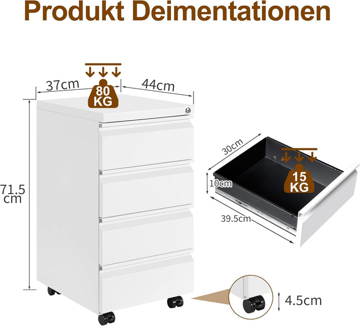 HOMSTEEL Rollcontainer, Mobiler Aktenschrank mit Schloss, 4 Schlüssel, 4 Schubladen, Büroschrank aus