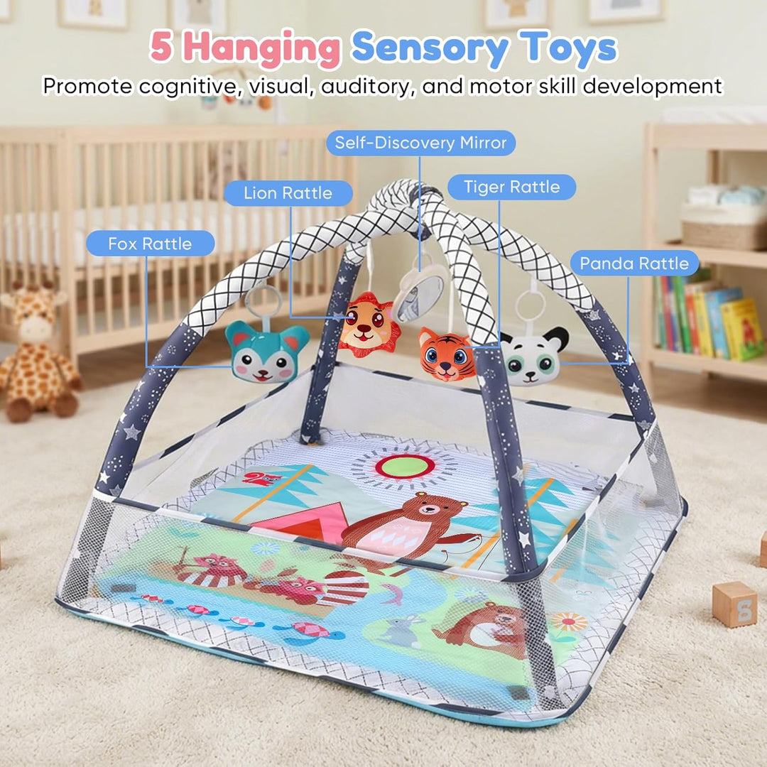 Baby-Spielmatte & Activity-Center mit integriertem Schutzrand, Spielzeug, Spiegel und Bällen – Boden