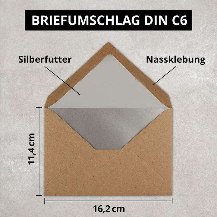Kuverts in Kraftbraun- 100 Stück - Brief-Umschläge DIN C6-11,4 x 16,2 cm - Nassklebung - Silber-Meta