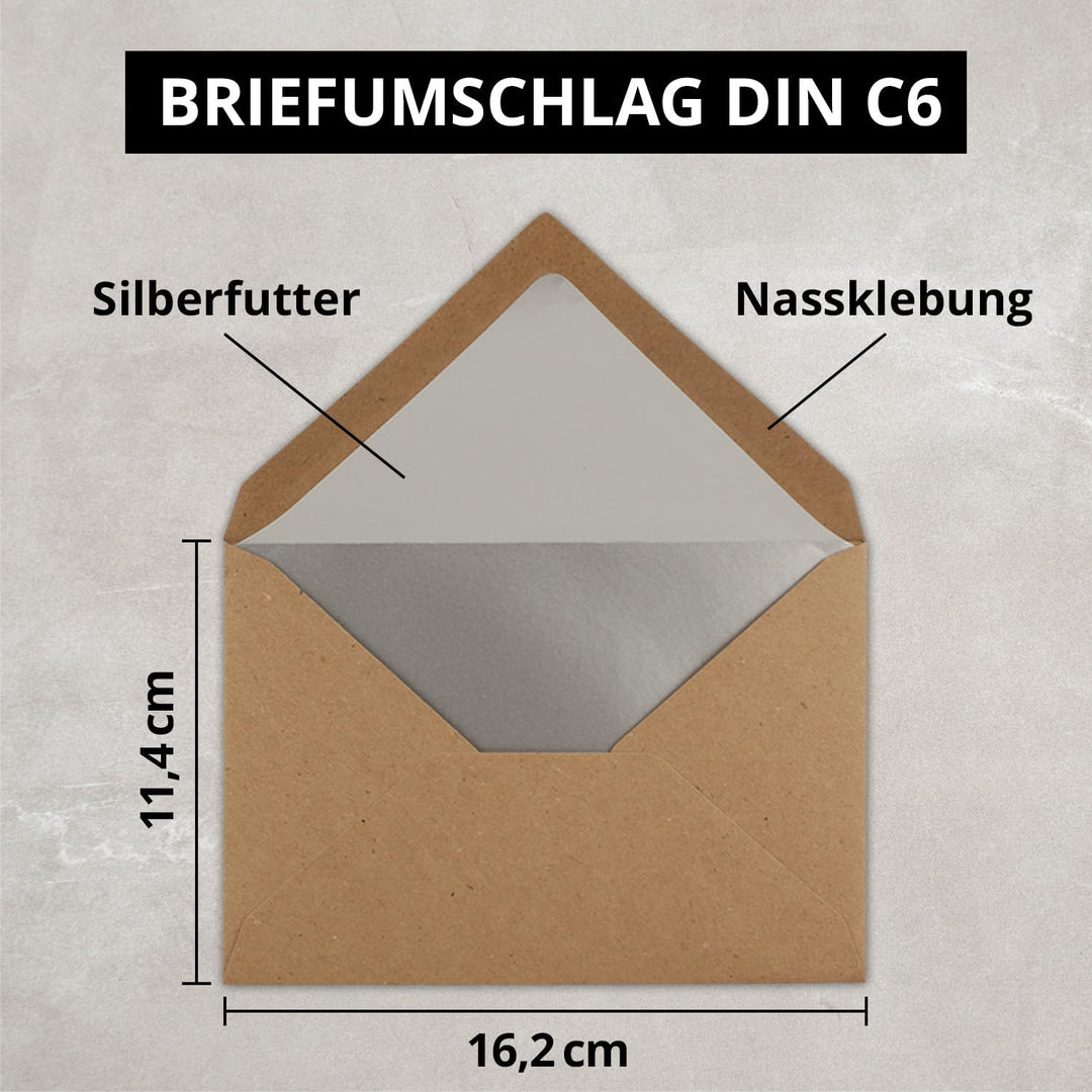 Kuverts in Kraftbraun- 75 Stück - Brief-Umschläge DIN C6-11,4 x 16,2 cm - Nassklebung - Silber-Metal