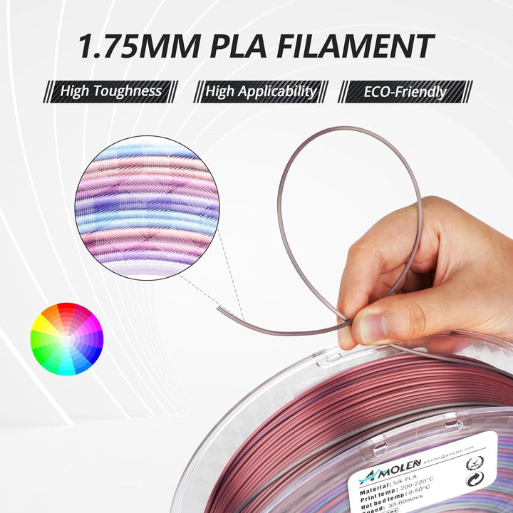 AMOLEN 3D Drucker Filament, Silk PLA Filament 1.75mm, Glänzendes kosmisches Regenbogen PLA, Farbverl