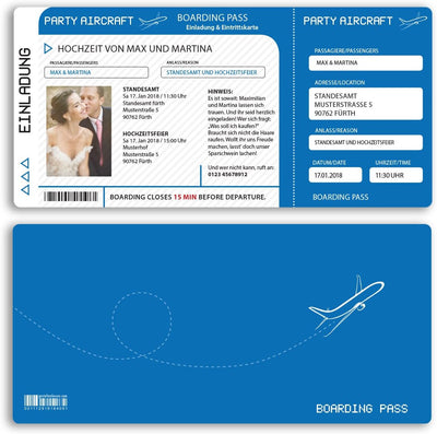 (30 x) Hochzeitseinladungskarten Flugticket Boarding Pass blau Einladungskarten Hochzeit, 30