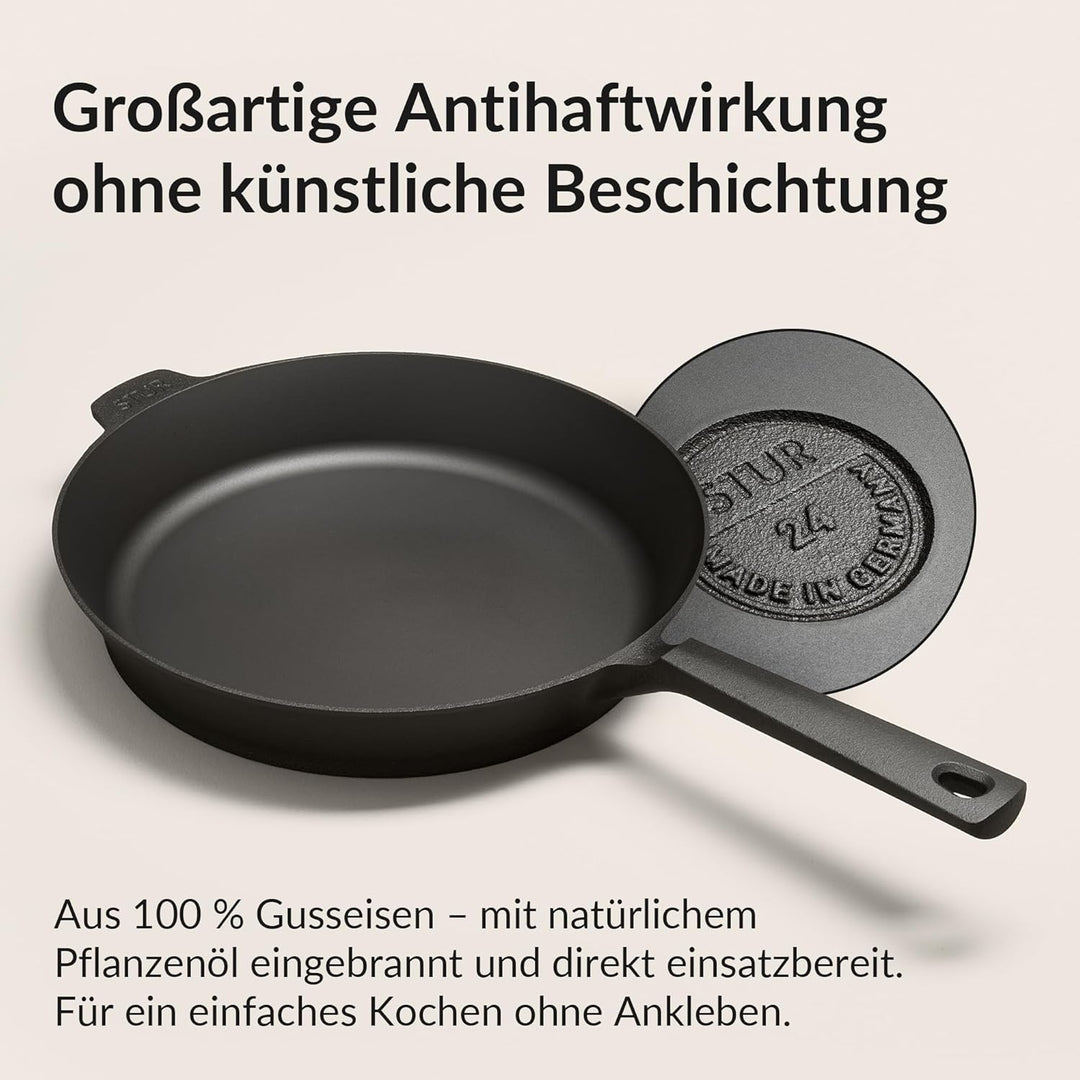 STUR - ORIGINAL Gusseisenpfanne Induktion 24 cm - Cast Iron Pan für alle Herdarten - Pfanne Gusseise
