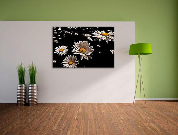 Pixxprint Dark viele kleine Margaritenauf Leinwand, XXL riesige Bilder fertig gerahmt mit Keilrahmen