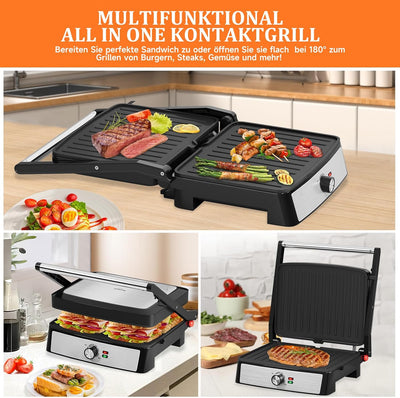 HOMELUX Kontaktgrill, Sandwichmaker und Panini Grill 2200W, Sandwich Maker für Fettfreies Grillen, T