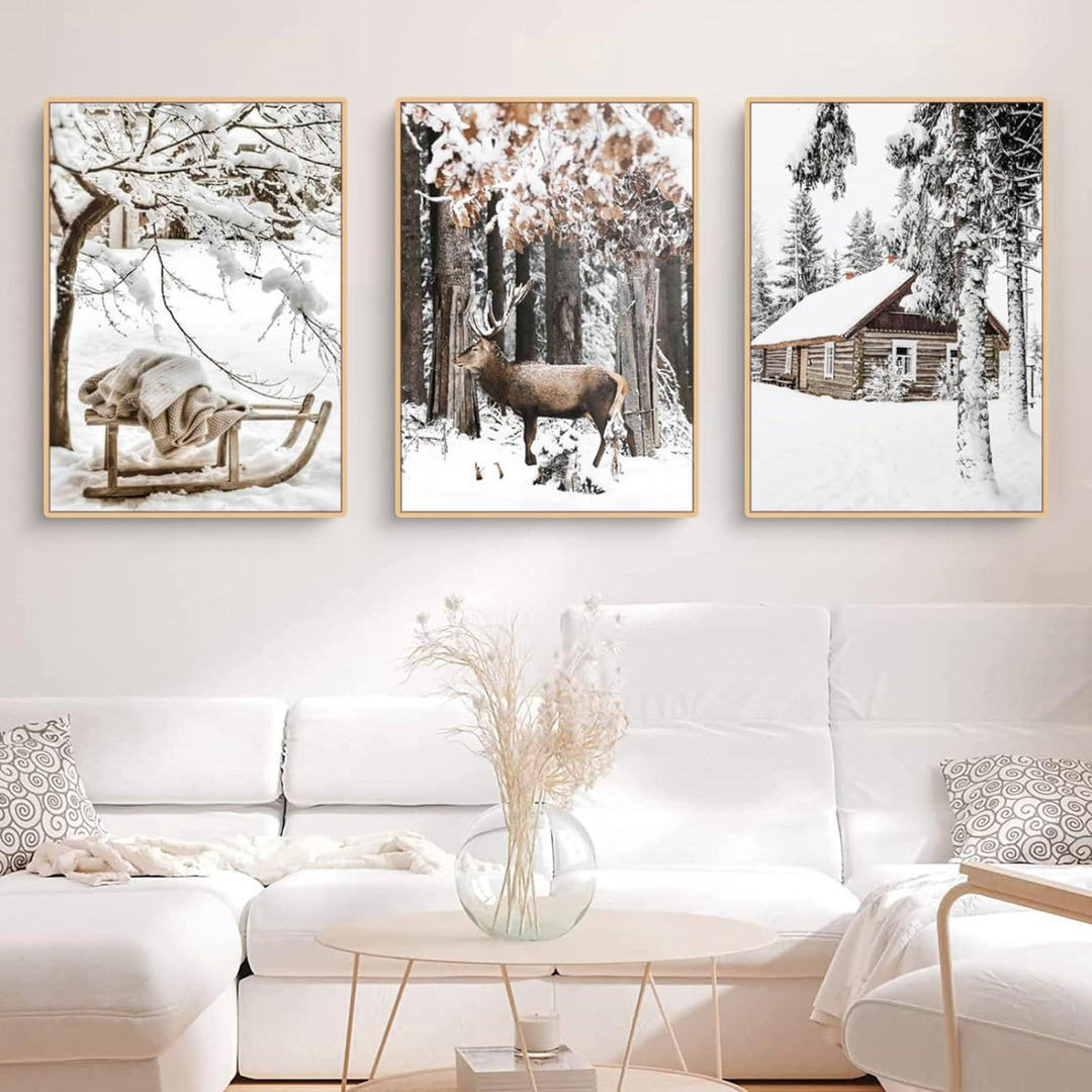 TROYSINC 3er Premium Poster Set, Winter Bilder, Elch, Holzhaus, Wald Wandkunst Wandbilder, Leinwand