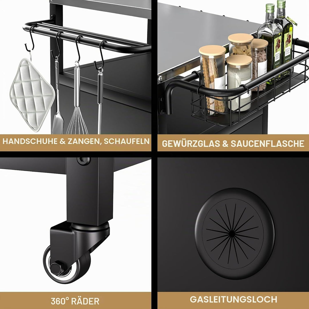 Edelstahl Grillwagen 3-Etagen, Grilltisch Outdoor mit Schrank, Outdoorküche mit 2 Rollen, 4 Haken &amp;
