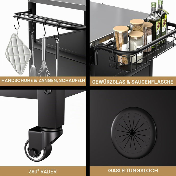 Edelstahl Grillwagen 3-Etagen, Grilltisch Outdoor mit Schrank, Outdoorküche mit 2 Rollen, 4 Haken &amp;