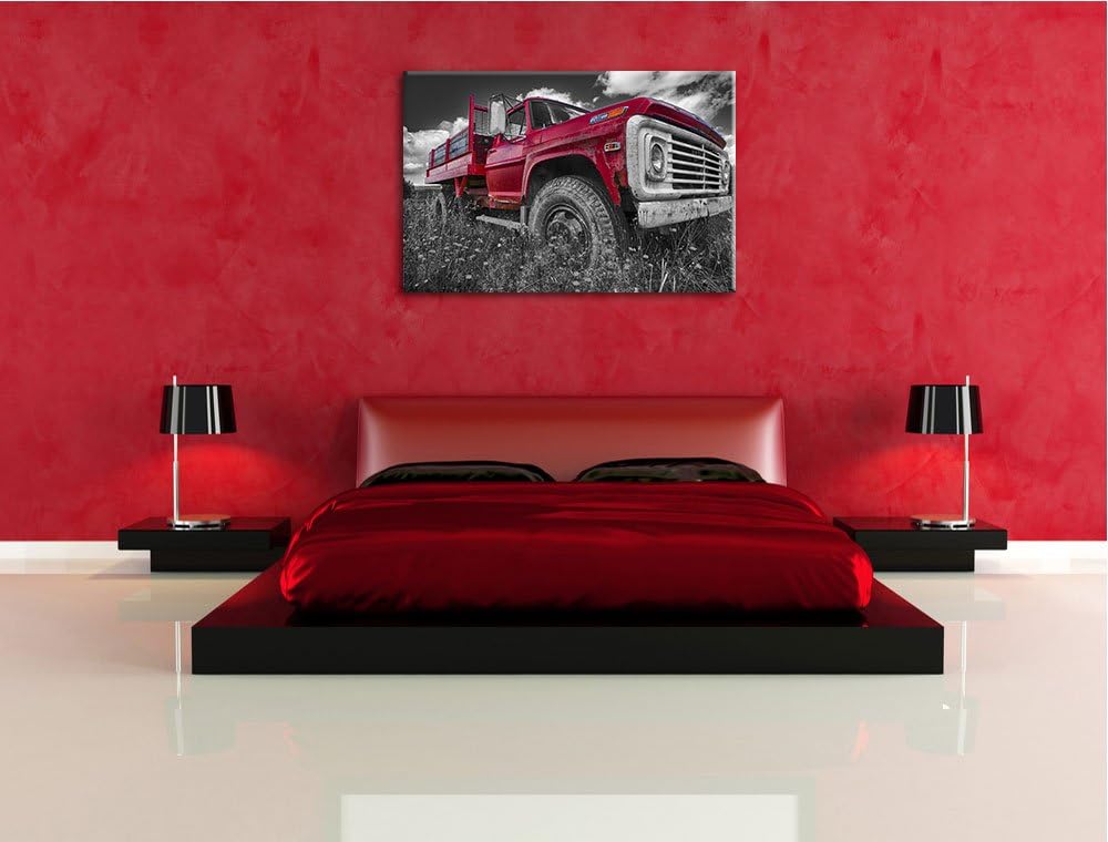 Pixxprint Truck in USA auf Blumenwiese 100x70cm Leinwandbild Wandbild Kunstdruck, 100x70