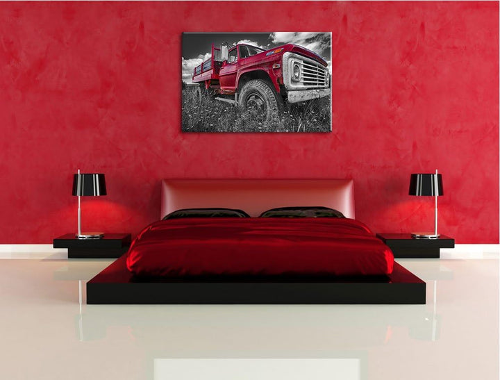 Pixxprint Truck in USA auf Blumenwiese 100x70cm Leinwandbild Wandbild Kunstdruck, 100x70