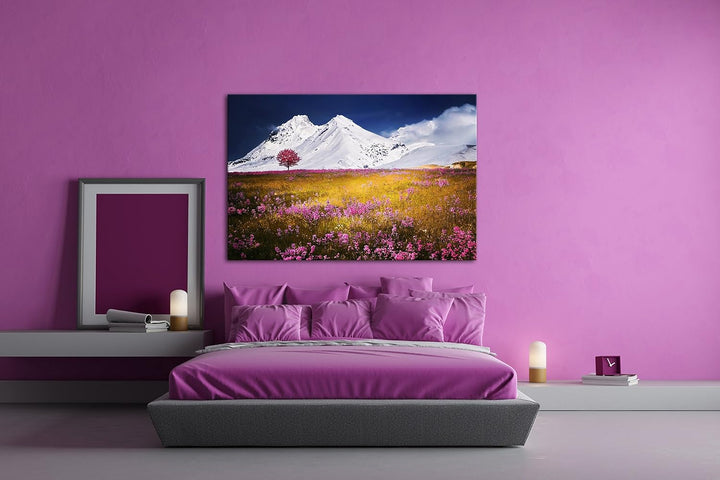 verführerisches Wiese vor denn eisigen Alpen Format: 100x70 als Leinwand, Motiv fertig gerahmt auf E