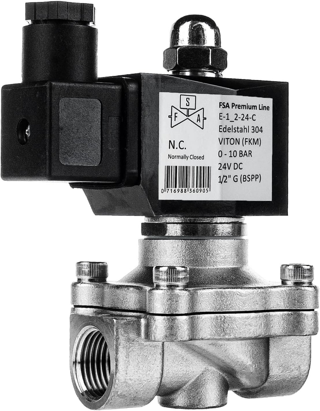 FSA Magnetventil Edelstahl 304 1/2" 24V DC 0-10 bar Viton stromlos geschlossen, 1/2" 24v DC