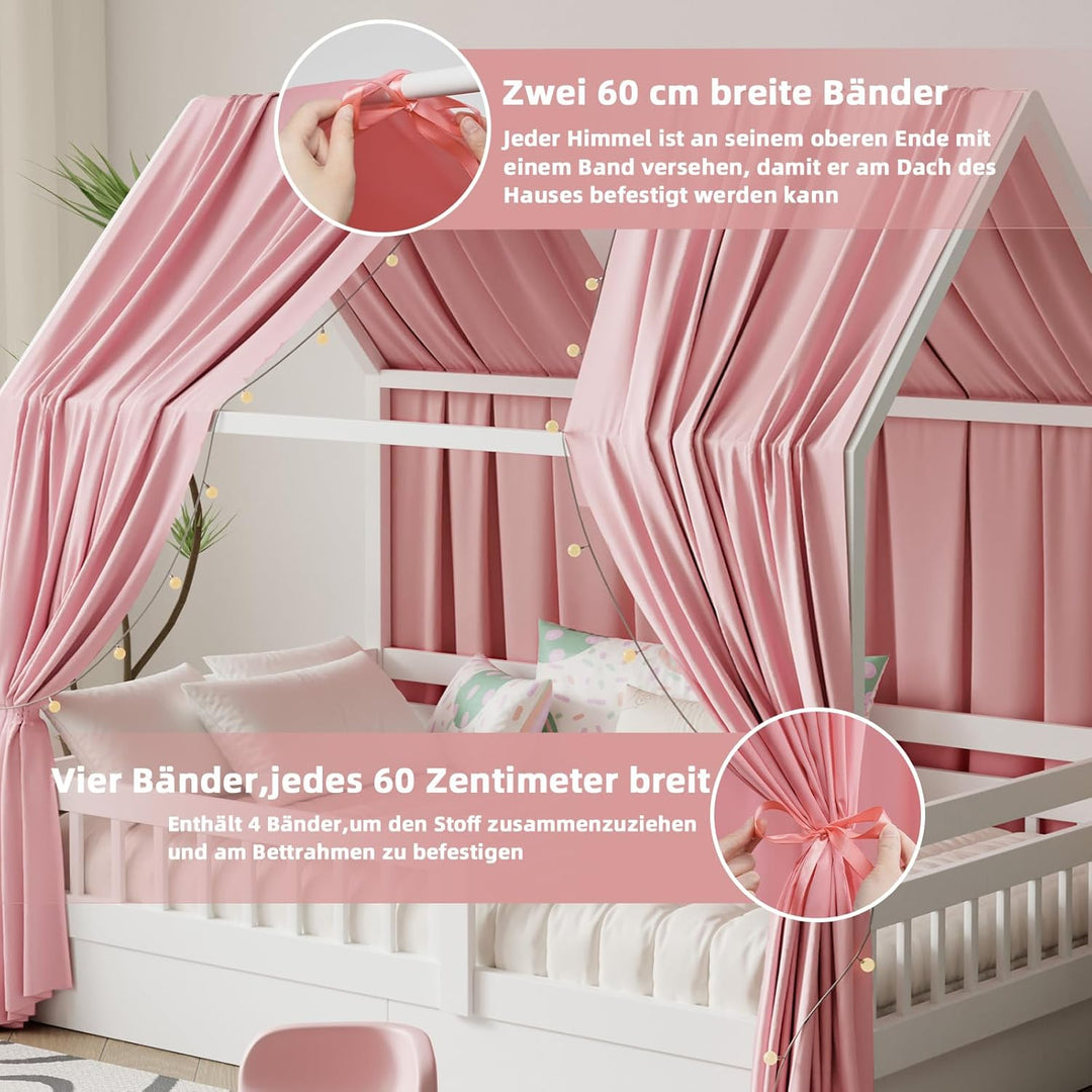 Hausbett Himmel mit Lichterkette Deko 2 Stück 135 x 350 cm Rosa | Baldachin Hausbett Vorhang,Betthim