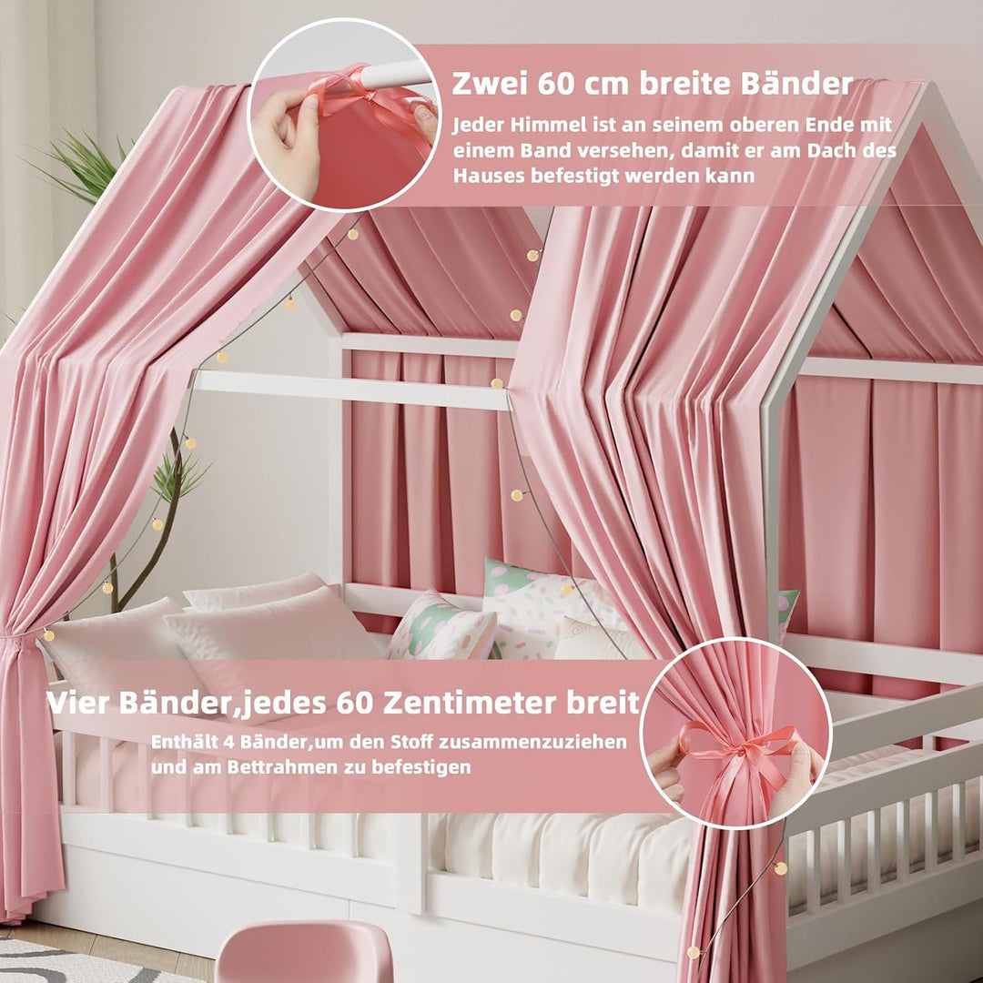 Hausbett Himmel mit Lichterkette Deko 2 Stück 135 x 350 cm Rosa | Baldachin Hausbett Vorhang,Betthim