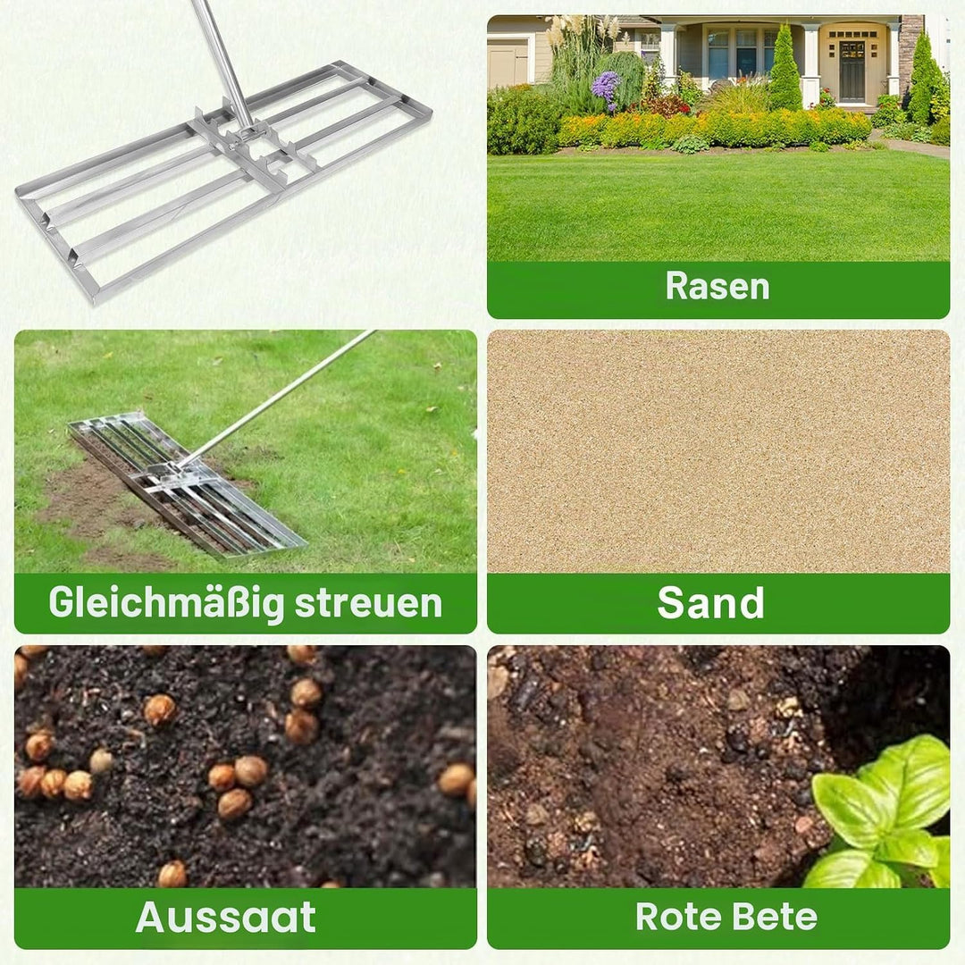 Rasenrakel 75x25cm Rasen Rakel, Garten Rasenrakel Edelstahl mit 2m Stiel, Nivellierrechen Müheloses