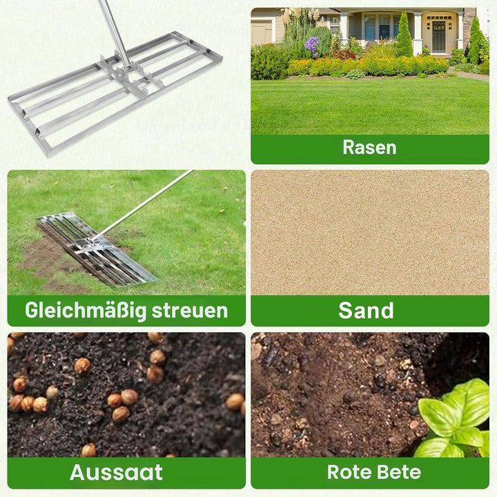 Rasenrakel 75x25cm Rasen Rakel, Garten Rasenrakel Edelstahl mit 2m Stiel, Nivellierrechen Müheloses