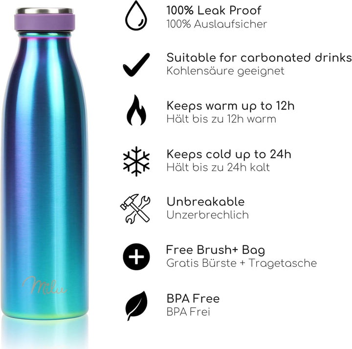 Milu Edelstahl Trinkflasche 350ml, 500ml, 750ml, 1L, 1,5L – Thermosflasche für Kinder Erwachsene aus