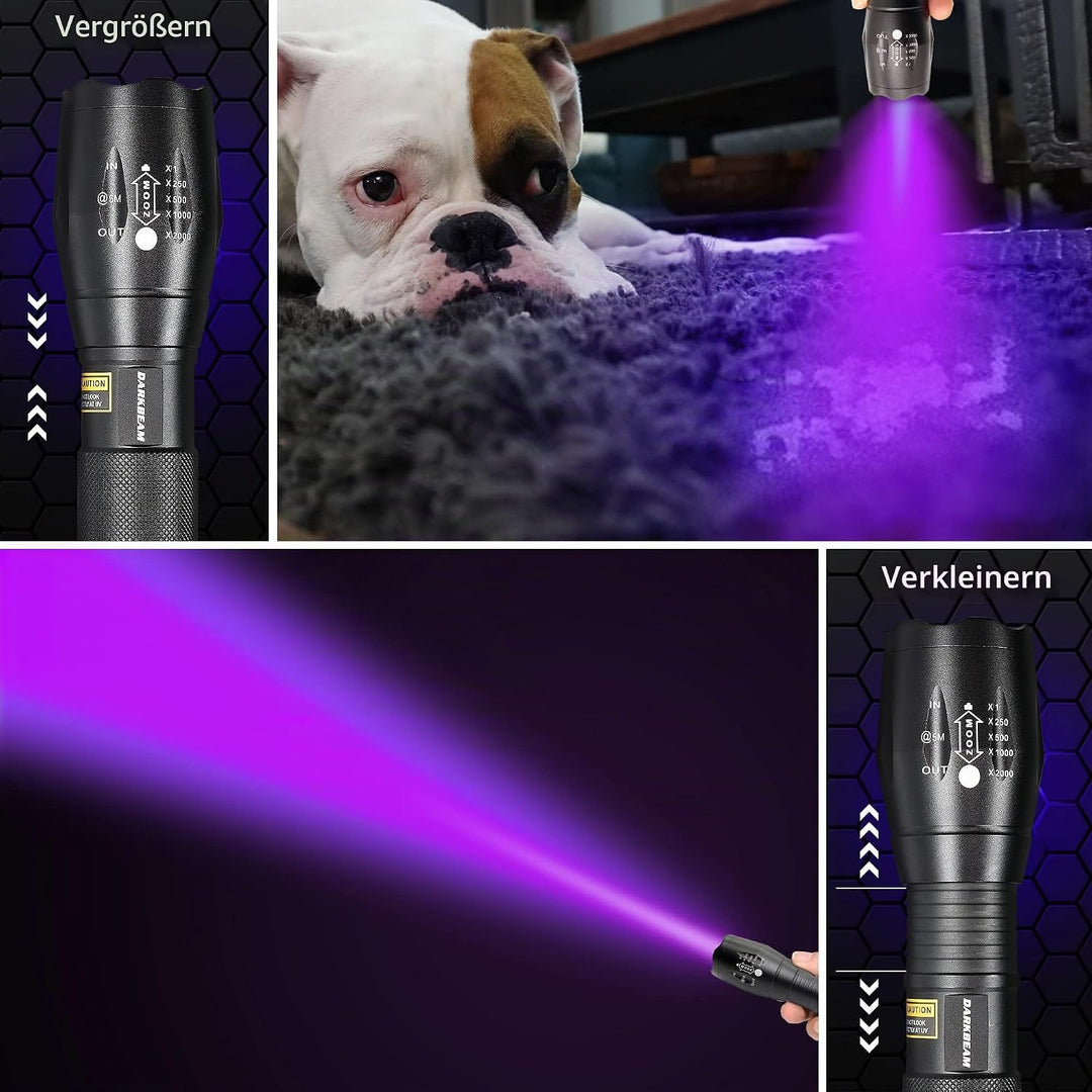 DARKBEAM Taschenlampe Doppeltes UV Licht 365nm &amp; 395nm Wiederaufladbare, Woodsche Lampe Schwarzlicht