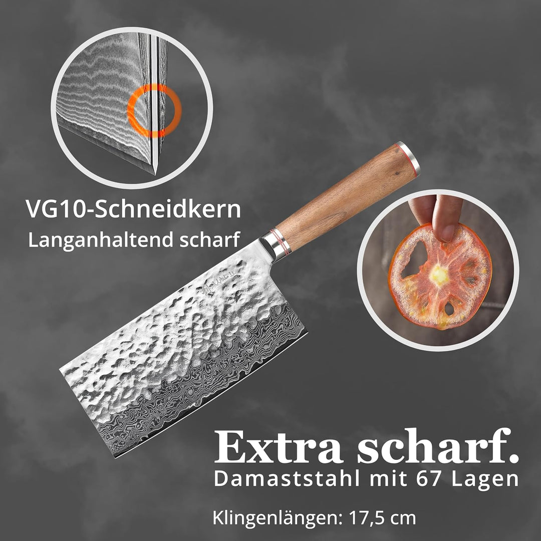 Wakoli Nussbaum Chai Dao mit 17,5 cm Klinge aus 67 Lagen Damaststahl mit VG10 Kern, Hammerschlag, ch