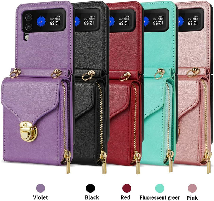 UDBKKDX Brieftasche Handyhülle für Samsung Galaxy Z Flip 4, Schnalle Frauen Mattes Leder hülle mit B