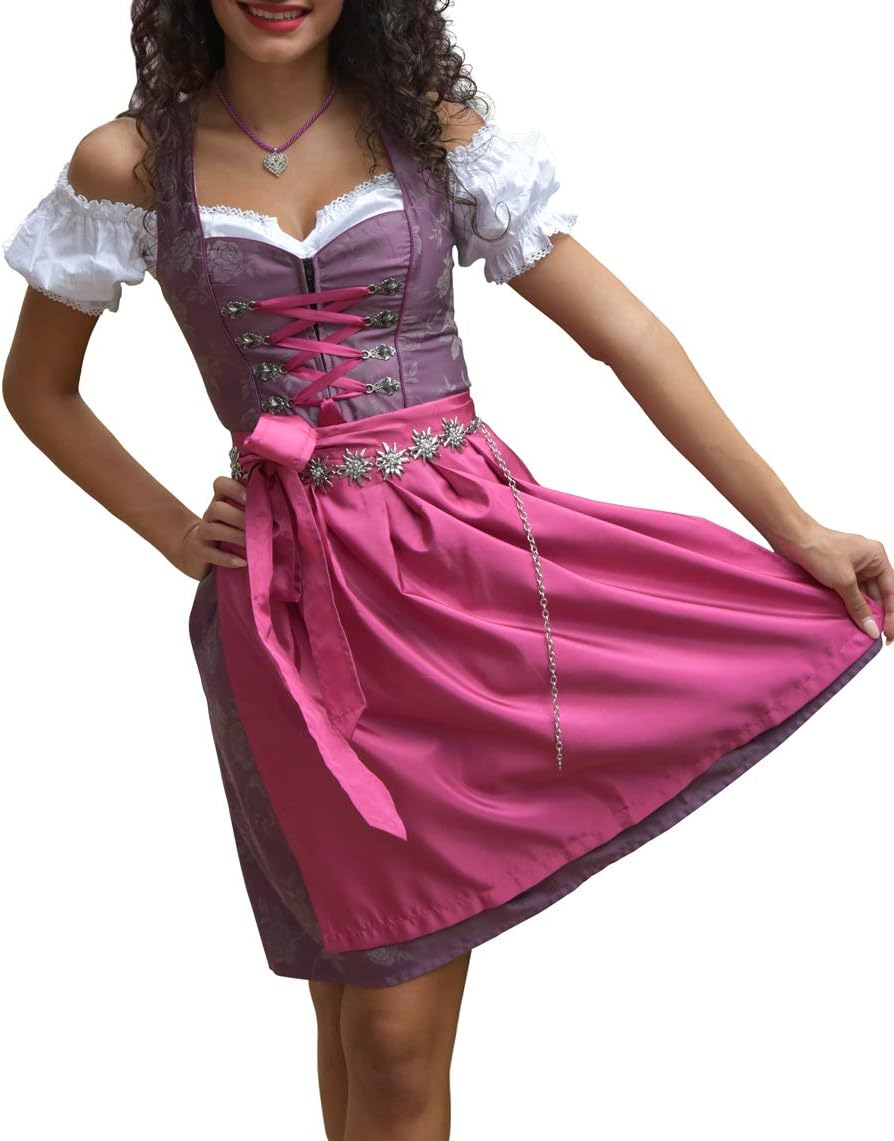 Golden Trachten-Kleid Dirndl Damen 3 TLG, Midi für Oktoberfest, mit Schürze und Bluse 486GT,Lila,38