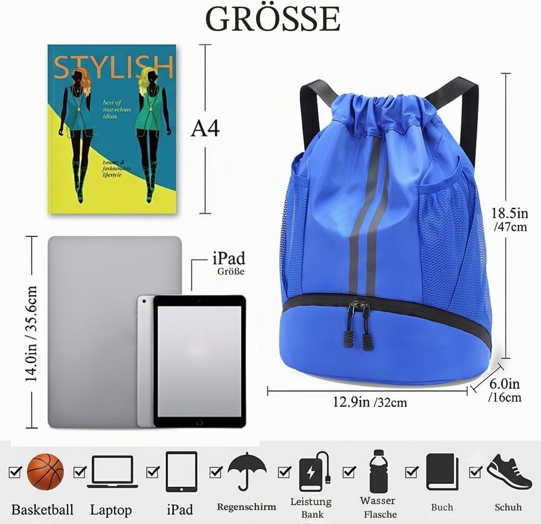 Sportbeutel mit Schuhfach - Wasserdichter Kordelzug Rucksack für Damen & Herren - Gymbag & Turnbeute