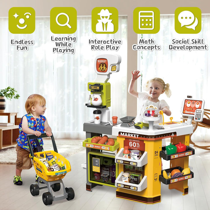 deAO Supermarkt mit Einkaufswagen, Kasse, 65PCS Kaufladen Zubehör, Kaufladen Kasse mit Scanner und S