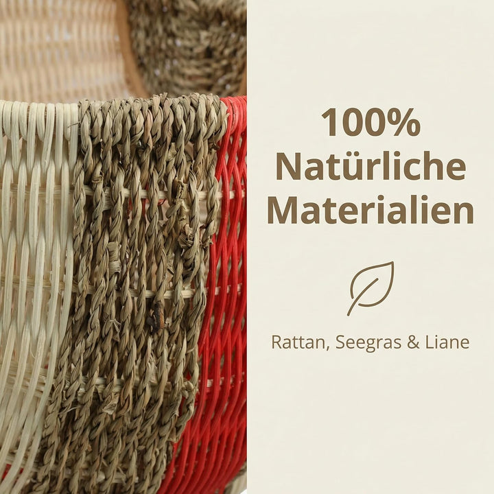 Grosser Einkaufskorb aus Rattan & Seegras – Handgeflochtener Picknickkorb mit Henkel – 39x26x20 cm –