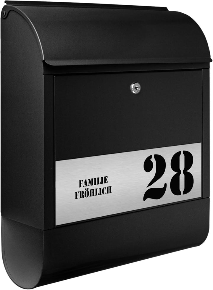 banjado® Briefkasten personalisiert mit graviertem Namensschild in Silber/Briefkasten schwarz 39x47x