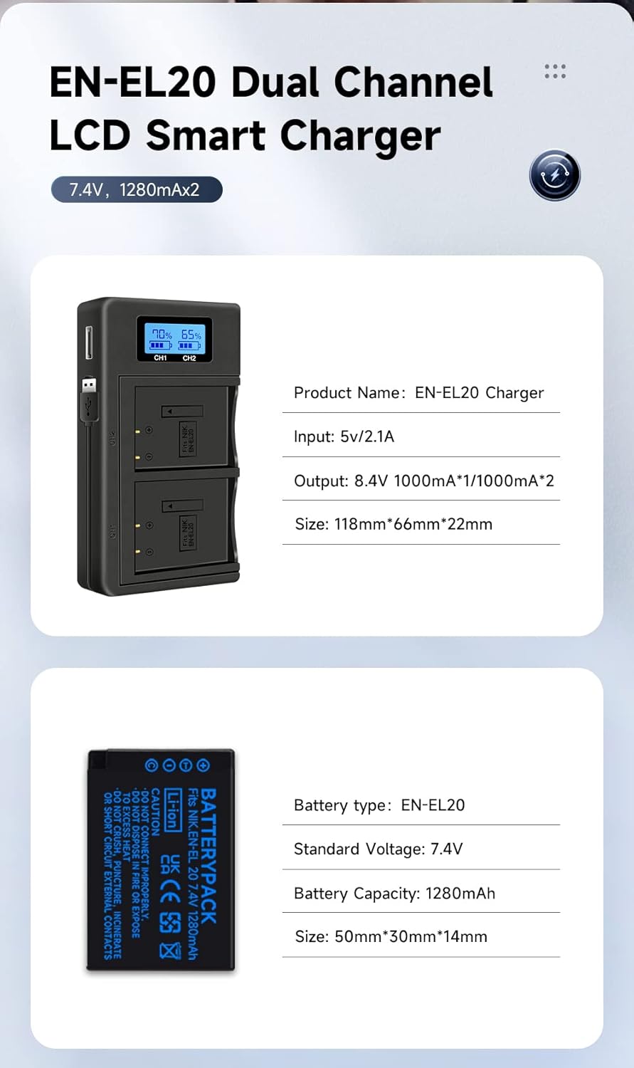 2 Stück EN-EL20 EN-EL20a Akkus und Smart LCD Display Dual USB Ladegerät für Nikon Coolpix P950, P100