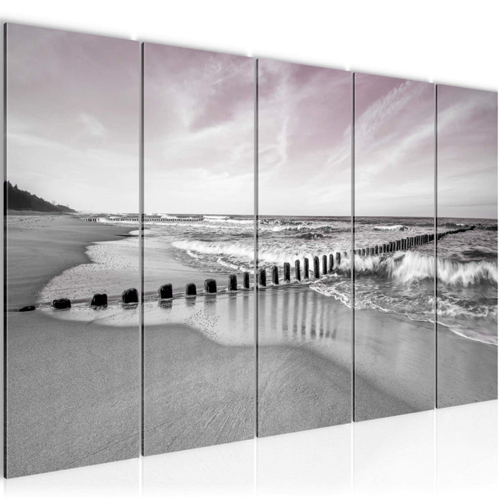 Runa Art Wandbild XXL Strand Meer Schlafzimmer Wohnzimmer 200 x 80 cm Grau Rosa 5 Teilig - Made in G