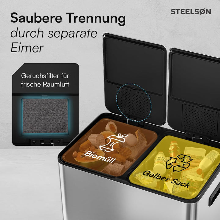 STEELSØN Elyron Mülleimer 2 Fächer – Mülltrennsystem Küche 2x30L aus Edelstahl Silber – Tretmülleime