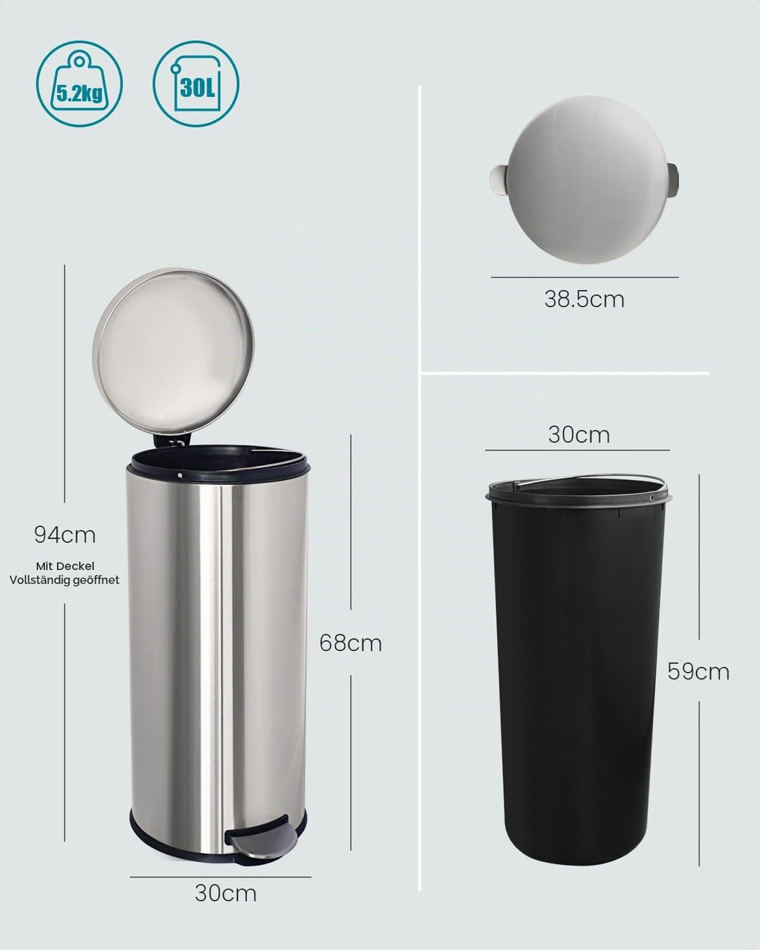 Mülleimer 30 L Treteimer mit Softclose-Deckel, Abfalleimer 30 Liter mit Fusspedal, Rund Mülleimer mi